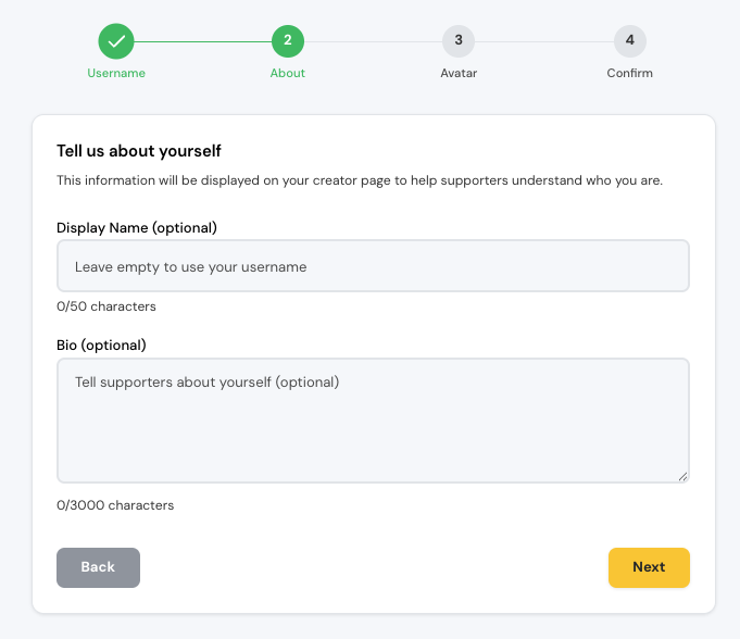 About step with display name and bio fields