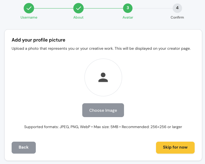 Avatar upload step with image preview and zoom slider
