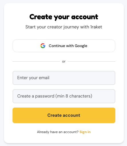 Sign-up page showing Google and email sign-up options